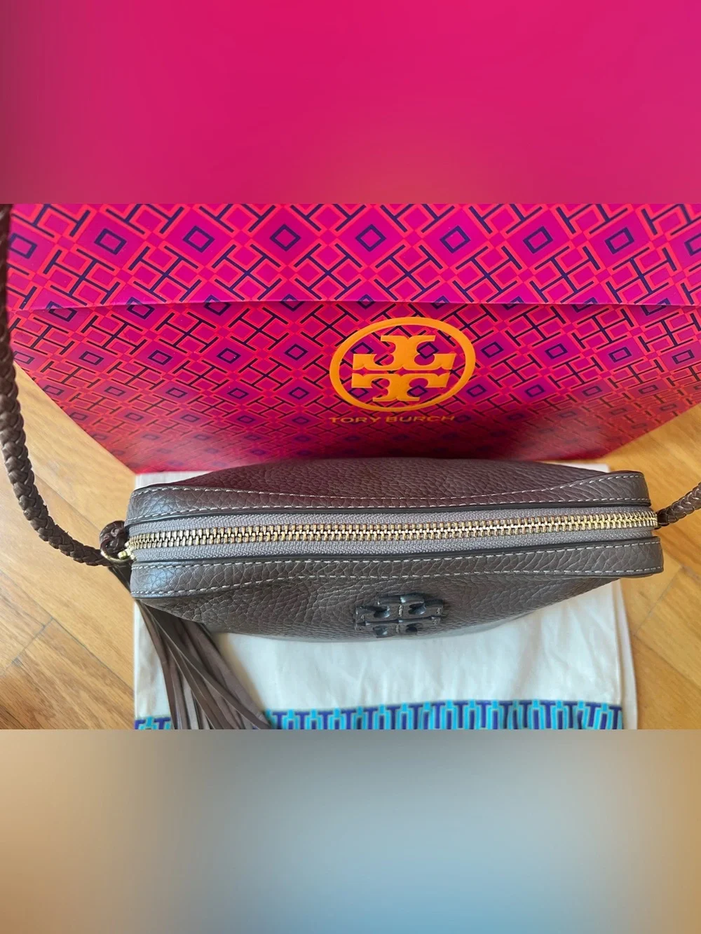 Tory Burch Brown Taupe Silver Maple Taylor Camera Crossbody Shoulder Bag